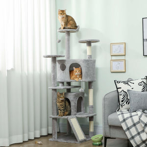 54" Cat Tree, Multi-Level Cat Tower with Scratching Posts, Cat Condos, Bed, Platforms, Ramp, Toy Ball, Light Gray