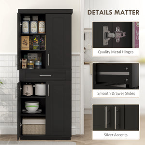 72-inch Pantry with 4 Doors, Drawer and 3 Adjustable Shelves, Black