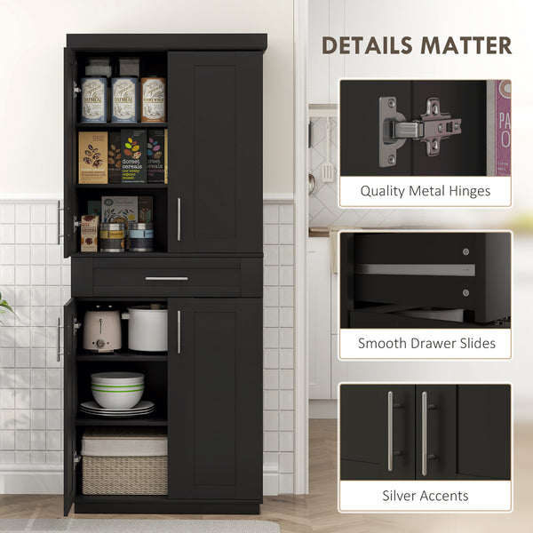72-inch Pantry with 4 Doors, Drawer and 3 Adjustable Shelves, Black