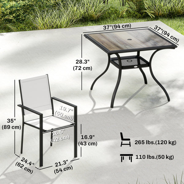 5-piece outdoor dining set, including a table and 4 stackable chairs with a parasol hole and shelf.
