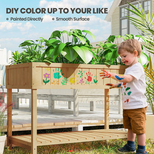 Raised planter with 8 compartments, storage shelf, natural wood color