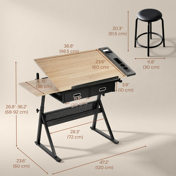 Adjustable Drafting Table with Stool and Storage Drawers for Painting, Oak