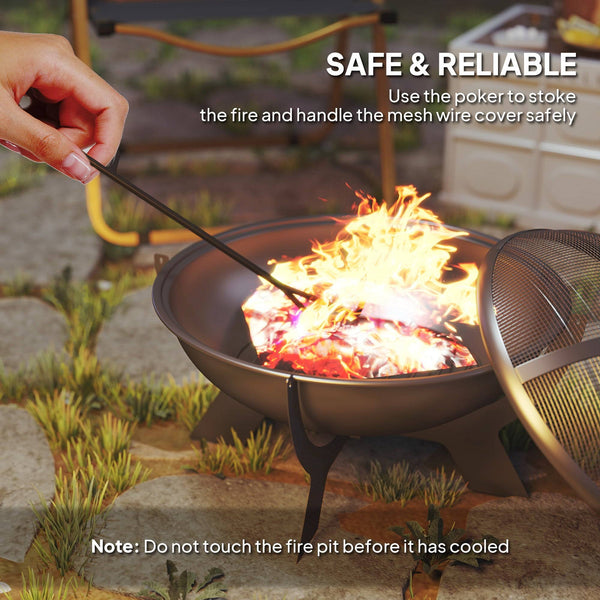 Outdoor Wood Burning Fire Pit with Poker, Portable Bonfire Pit, Black
