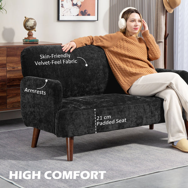 2 seater sofa in velvet fabric with padding and wooden legs, black