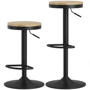 Set of 2 wooden bar stools, swivel and height-adjustable, natural wood and black.