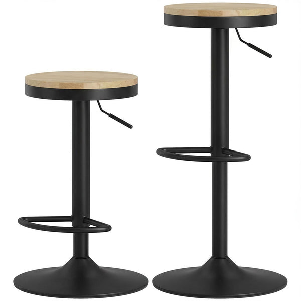 Set of 2 wooden bar stools, swivel and height-adjustable, natural wood and black.