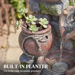 Outdoor fountain with 4-tier rustic pot, LED lighting, and adjustable flow.
