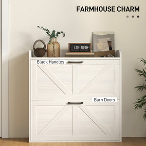 Farmhouse Style Shoe Cabinet with 2 Drop-Down Drawers, Adjustable Shelves, White Oak