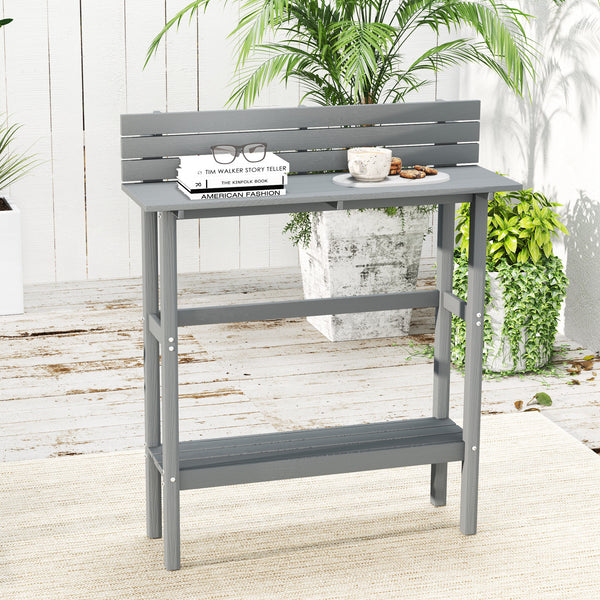 Rectangular outdoor bar table with integrated footrest, grey