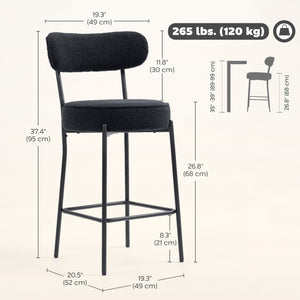 Set of 2 upholstered bar stools with backrest and footrest, black