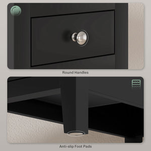 Narrow side table with charging station and storage shelf, black