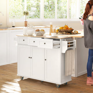 White mobile kitchen island with fold-down countertop, electrical outlets and 3 drawers