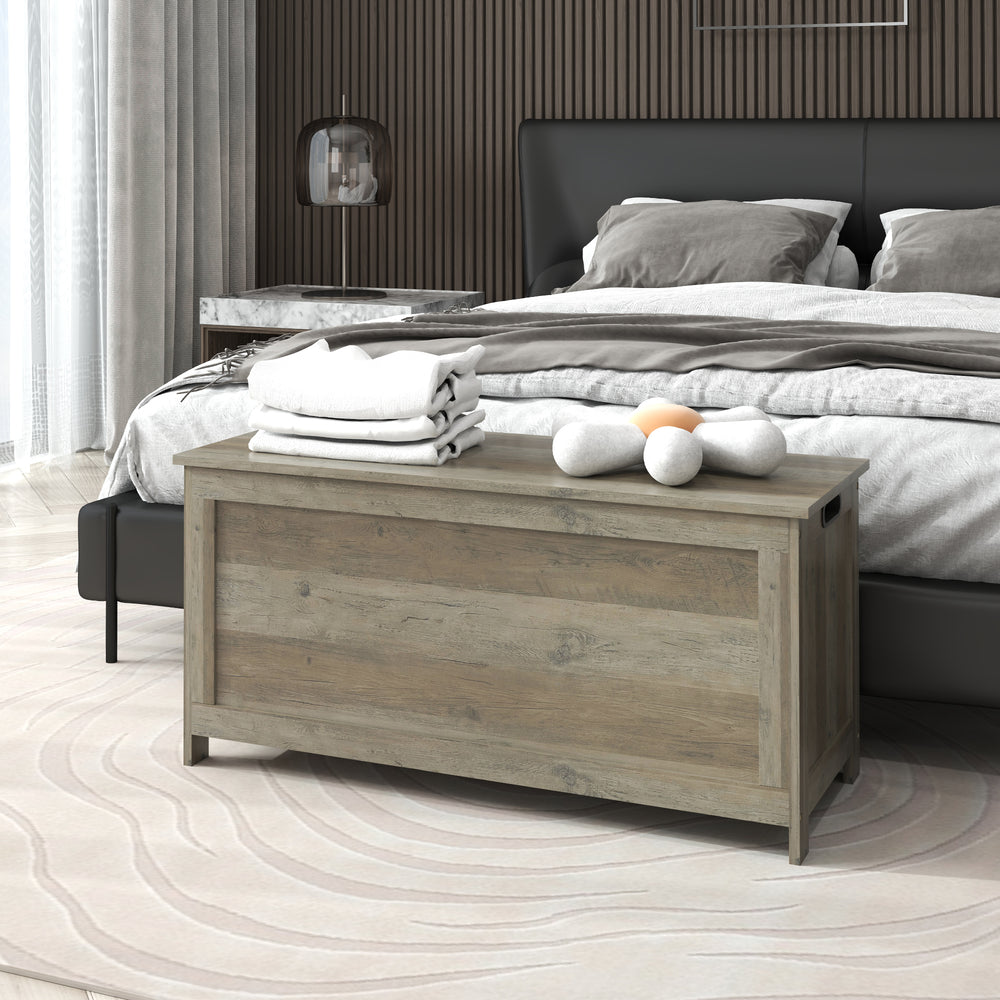 Storage chest with 2 safety hinges and side handles, aged gray