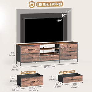 Industrial-style TV stand for TVs up to 70 inches, with charging station, 5 drawers and open shelves, rustic brown 