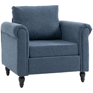 Upholstered accent chair with rolled arms and rubberwood legs, dark blue