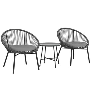 3 Piece Wicker Patio Furniture Set with Soft Cushions, Tempered Glass Top, Black