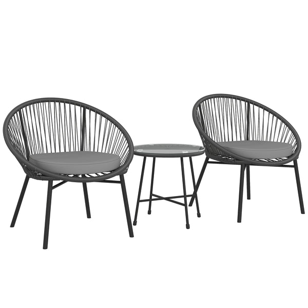 3 Piece Wicker Patio Furniture Set with Soft Cushions, Tempered Glass Top, Black