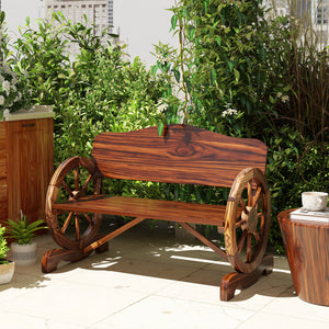 Two-seater wooden outdoor bench with wagon wheel shaped armrests