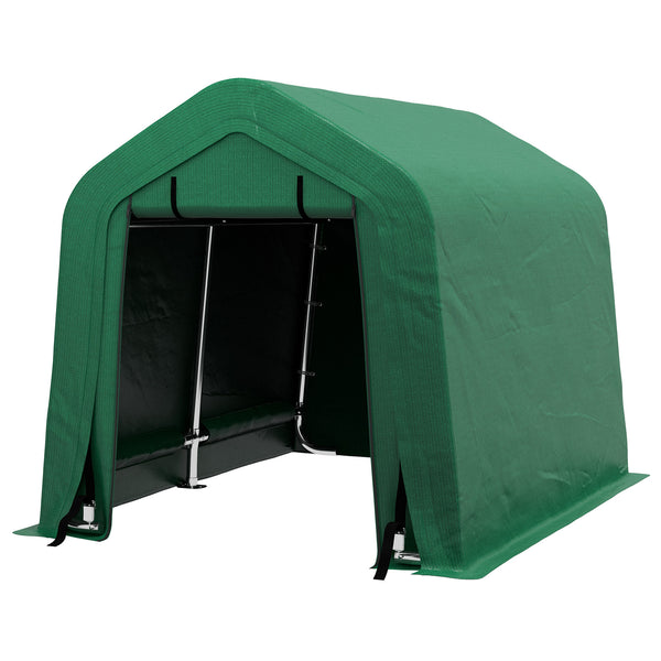 6 x 8 motorcycle shelter with side walls and roll-up door, green