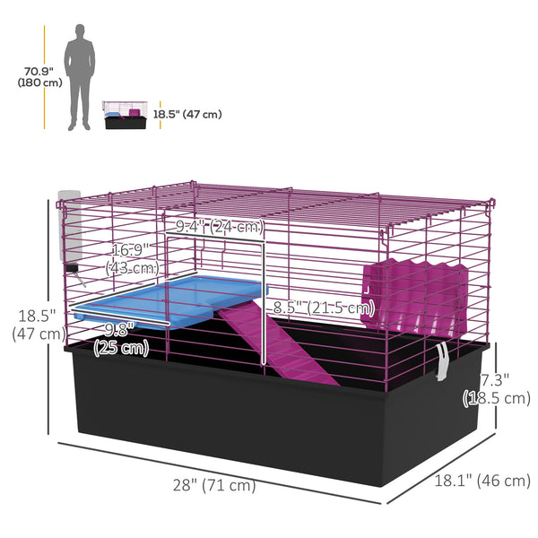 Small animal cage with water bottle, food bowl, platform, and ramp, black