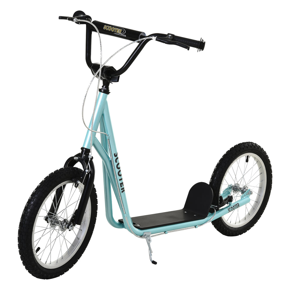 Scooter with 16-inch inflatable wheels and double brakes, pale blue