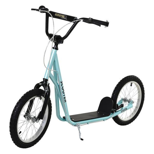 Scooter with 16-inch inflatable wheels and double brakes, pale blue