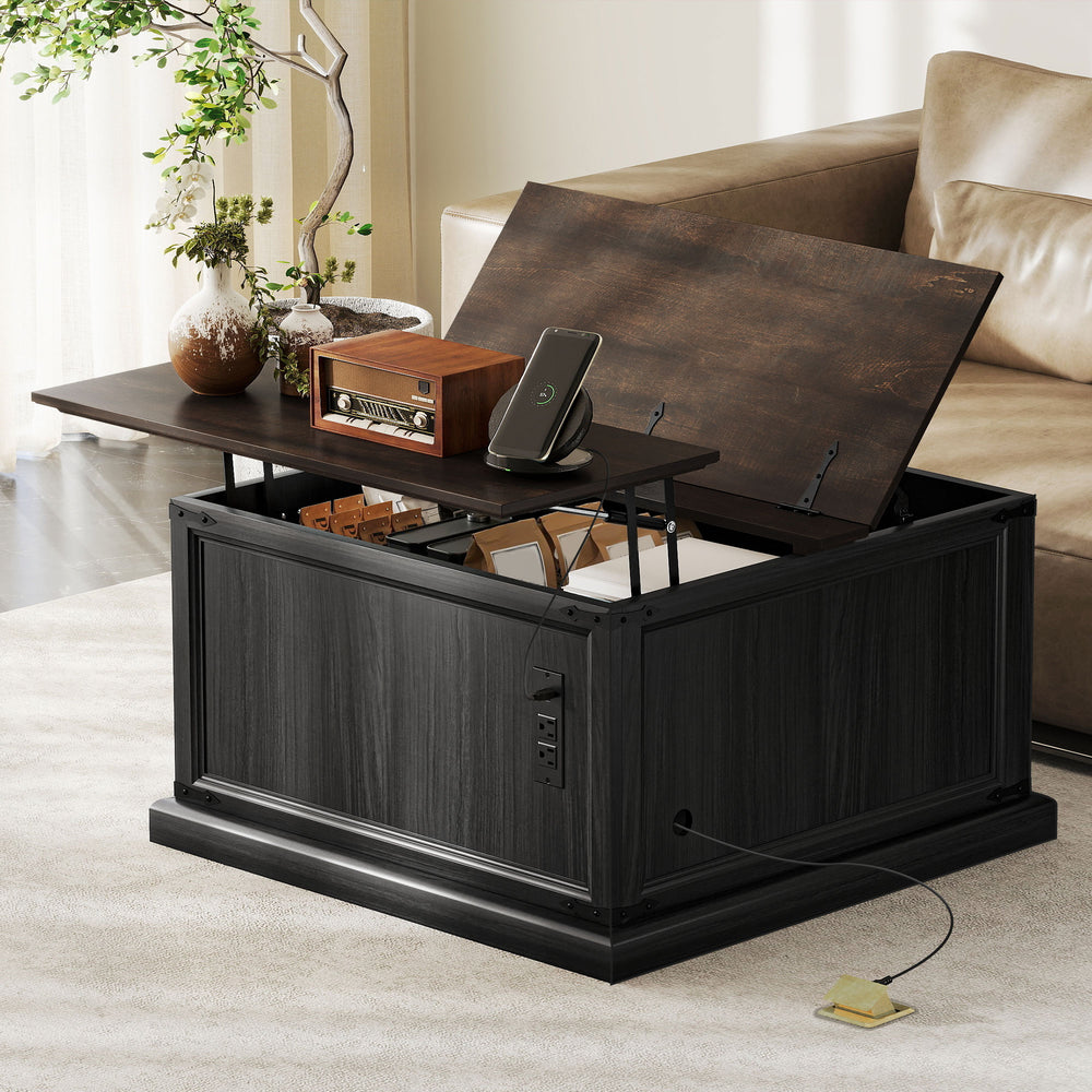 Coffee table with lift-top and charging station in country style, black wood look.