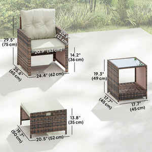 5 Piece Patio Furniture Set, Wicker Patio Chairs with Ottomans, 2-Tier Glass Coffee Table and Cushions, Brown/Cream