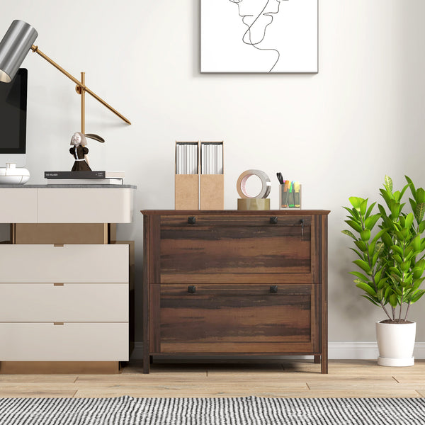 2-drawer filing cabinet, lockable, with adjustable hanging bar, for letter, A4 and legal sizes, brown