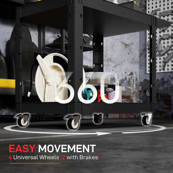 2-Tier Rolling Tool Cart, 500 lb Capacity, Plastic Utility Cart with Handle, Black