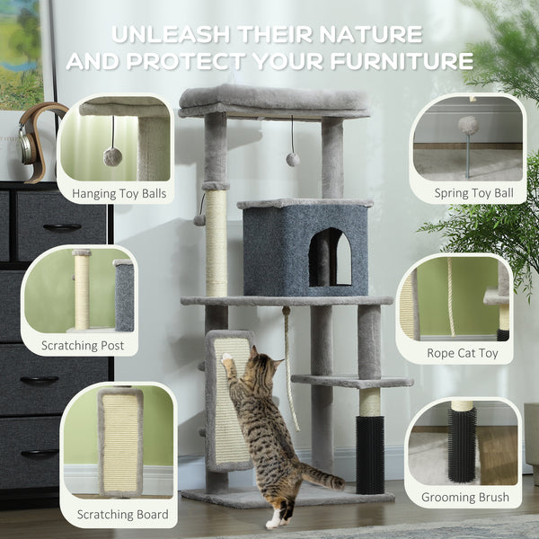 132cm Cat Tree with Scratching Posts, Basket, Kennel, Grooming Brush, Grey