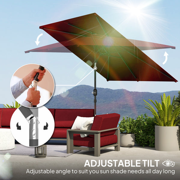 2 x 3 m Rectangular Tilting Aluminum Garden Parasol, Garden Umbrella, Outdoor Parasol with Crank, Wine Red