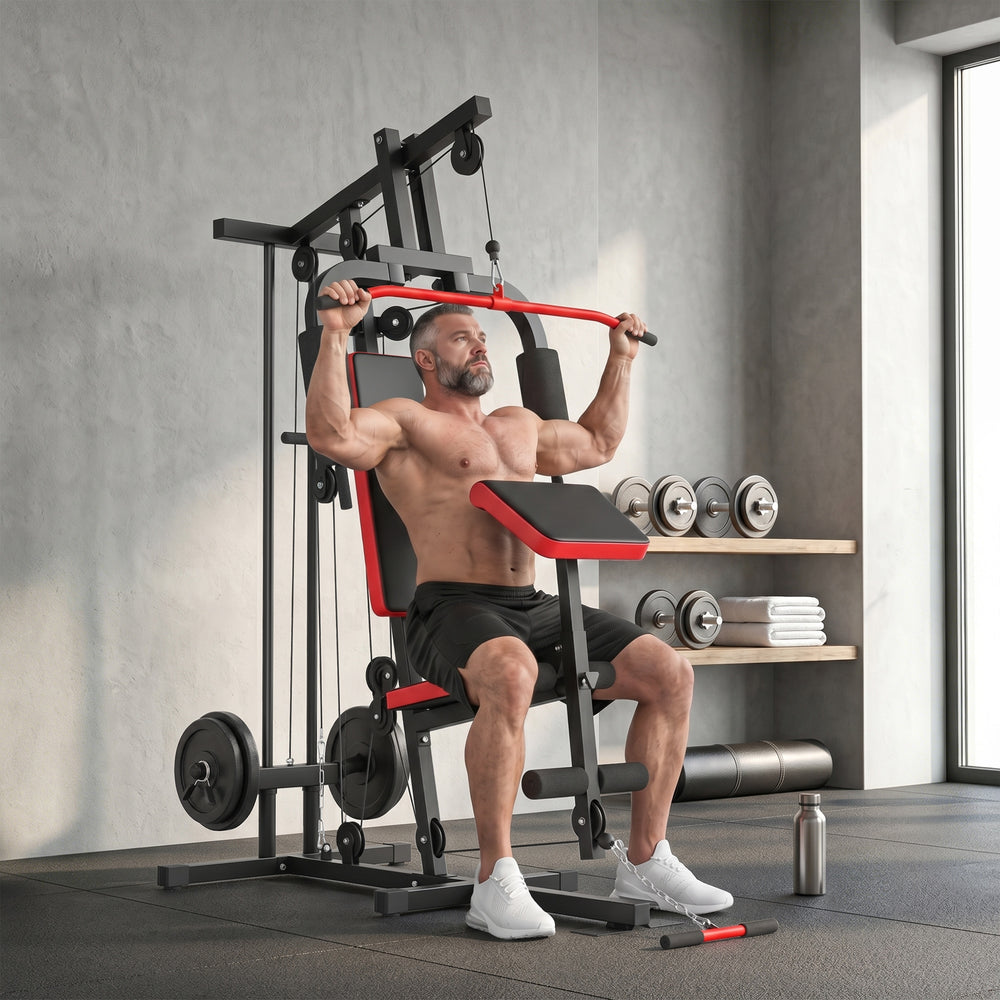 Appareil de musculation multifonctionnel avec système de poulies pour un entraînement complet du corps, noir.