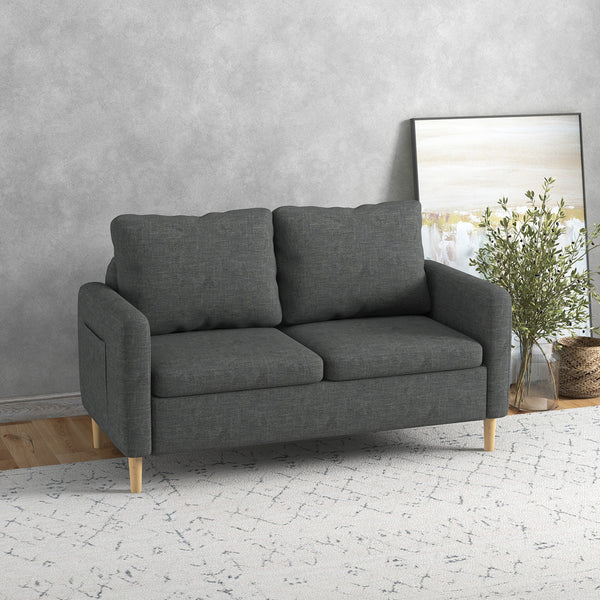 Modern upholstered two seater sofa with side pockets, grey