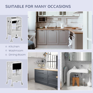 Foldable Toddler Kitchen Step Stool with Chalkboard and Locking Handrail, Grey