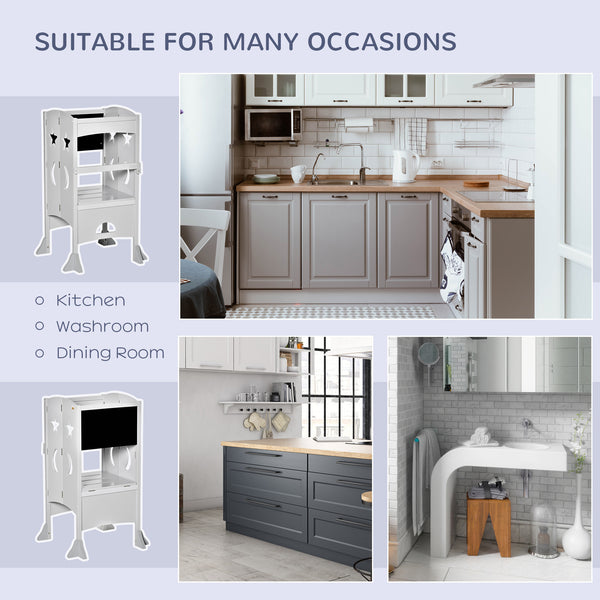 Foldable Toddler Kitchen Step Stool with Chalkboard and Locking Handrail, Grey