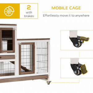 Wooden hutch with wheels, removable trays and run, brown