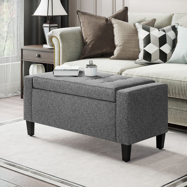 Linen-feel fabric upholstered storage ottoman bench with folding top, grey