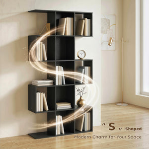 5-tier S-shaped geometric bookshelf with 15 compartments, black wood look.
