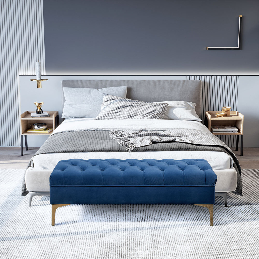Upholstered bedside bench with button tufting, blue