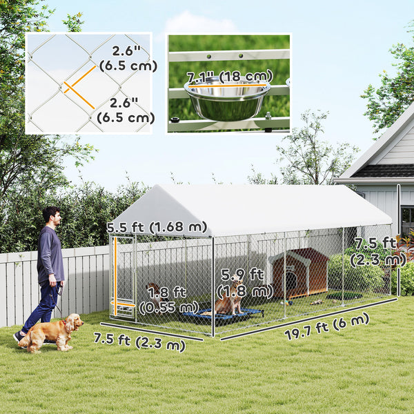 Outdoor Dog Run with Adjustable & Rotatable Bowls, Waterproof UV-Resistant Cover, Escape-Proof Lock, 19.7' x 7.5' x 7.5'
