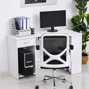 L-Shaped Desk with Keyboard Tray for Small Spaces with Shelves, White