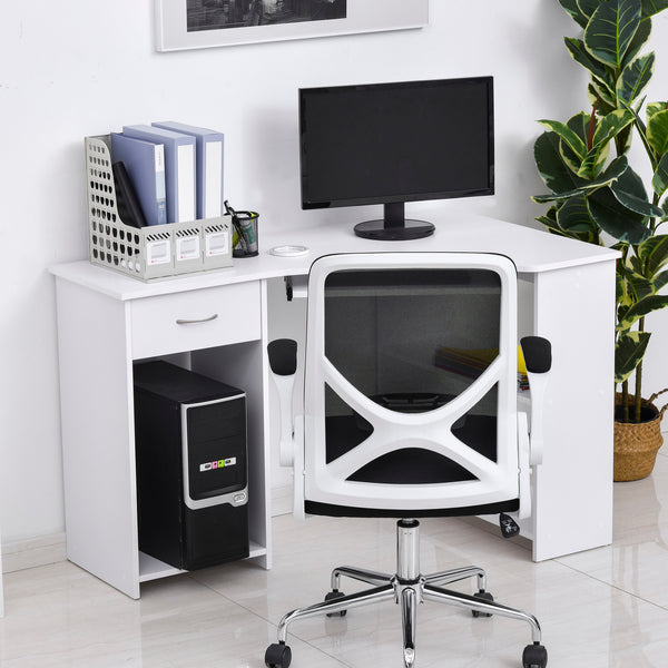 L-Shaped Desk with Keyboard Tray for Small Spaces with Shelves, White