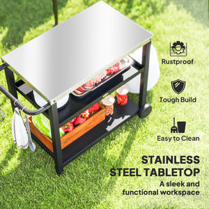 3-shelf stainless steel kitchen trolley with hooks, anthracite grey