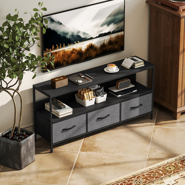 Black and charcoal gray TV stand for televisions up to 55 inches with 3 drawers