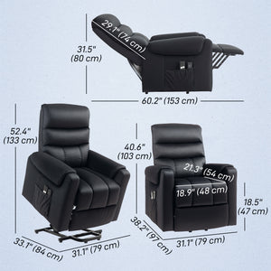 Lift chair, massage recliner with 8 vibration points, footrest, remote control, side pockets, black