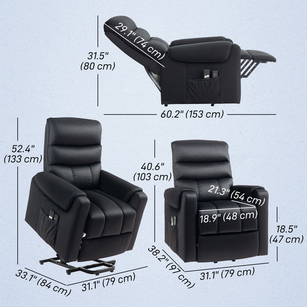 Lift chair, massage recliner with 8 vibration points, footrest, remote control, side pockets, black