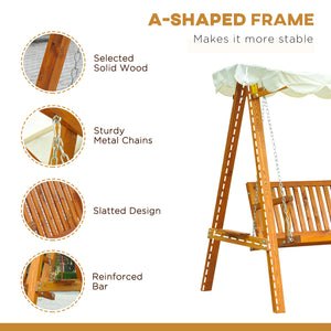 Swing seat with canopy, wooden outdoor bench for garden, natural wood