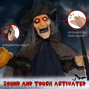 6.2ft Life-Size Halloween Outdoor Witch with Broomstick Decoration, Sound and Motion Activated with Light-Up Eyes