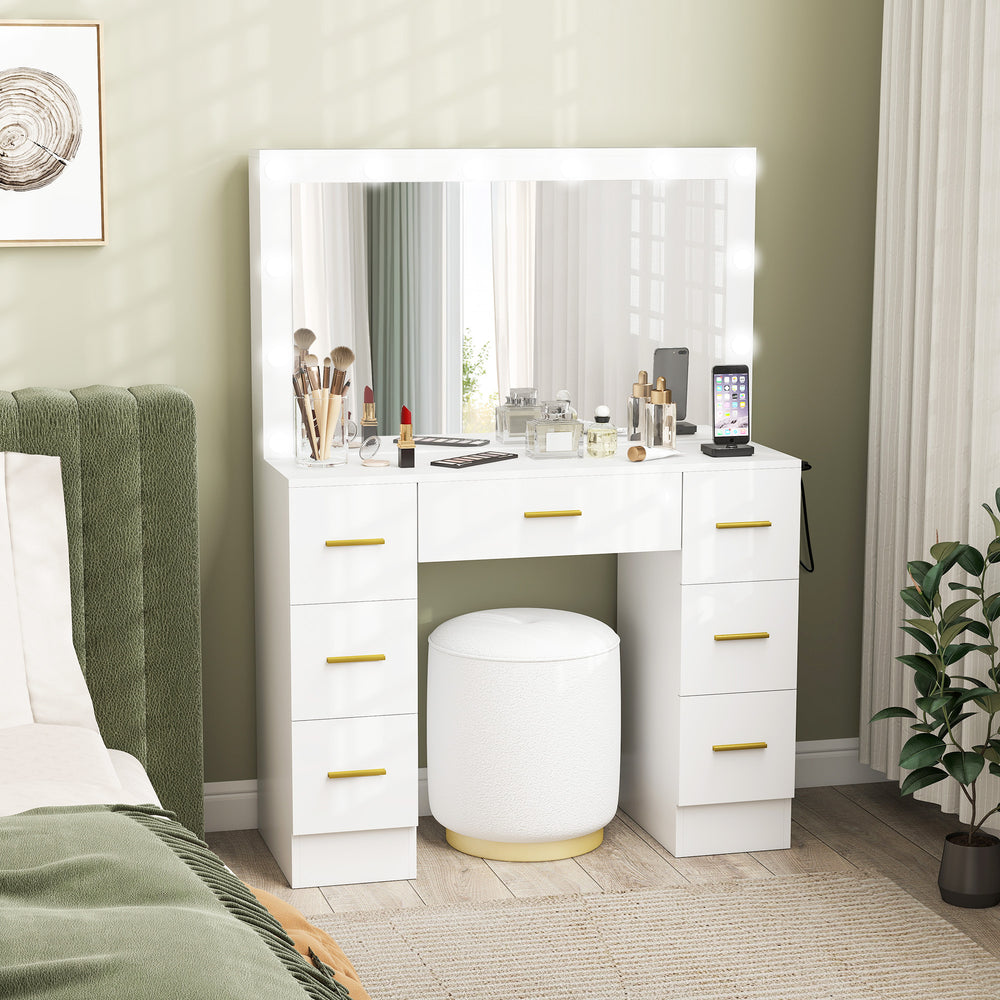 Dressing table with lighting, 7 drawers and 6 storage compartments, white